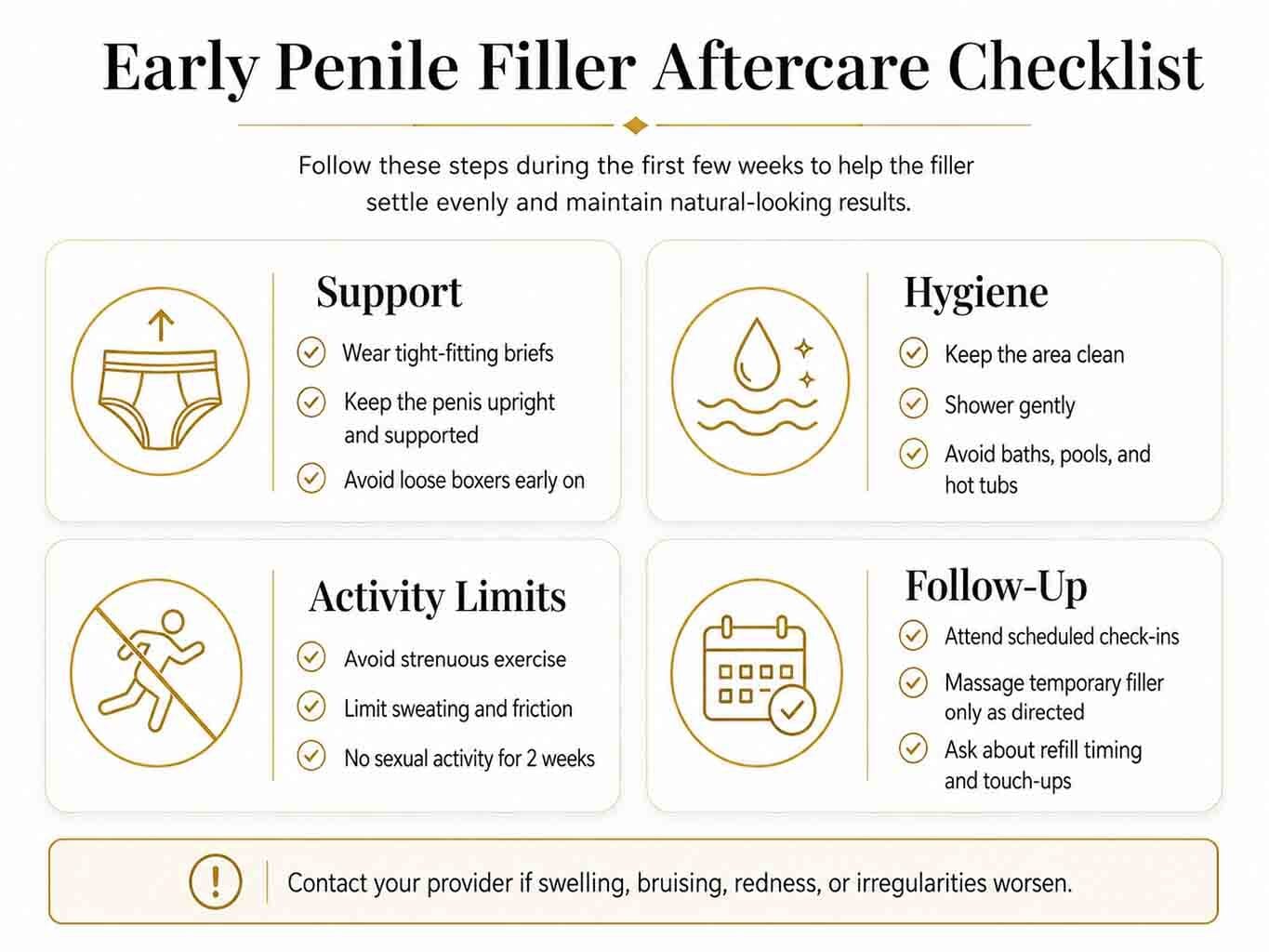 Infographic checklist for early penile filler aftercare in NYC, including support, hygiene, activity limits, follow-up care, and touch-up guidance.