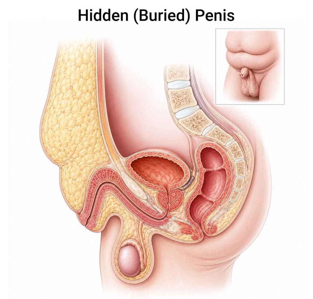 Medical illustration showing how a hidden buried penis can be concealed by surrounding pubic tissue