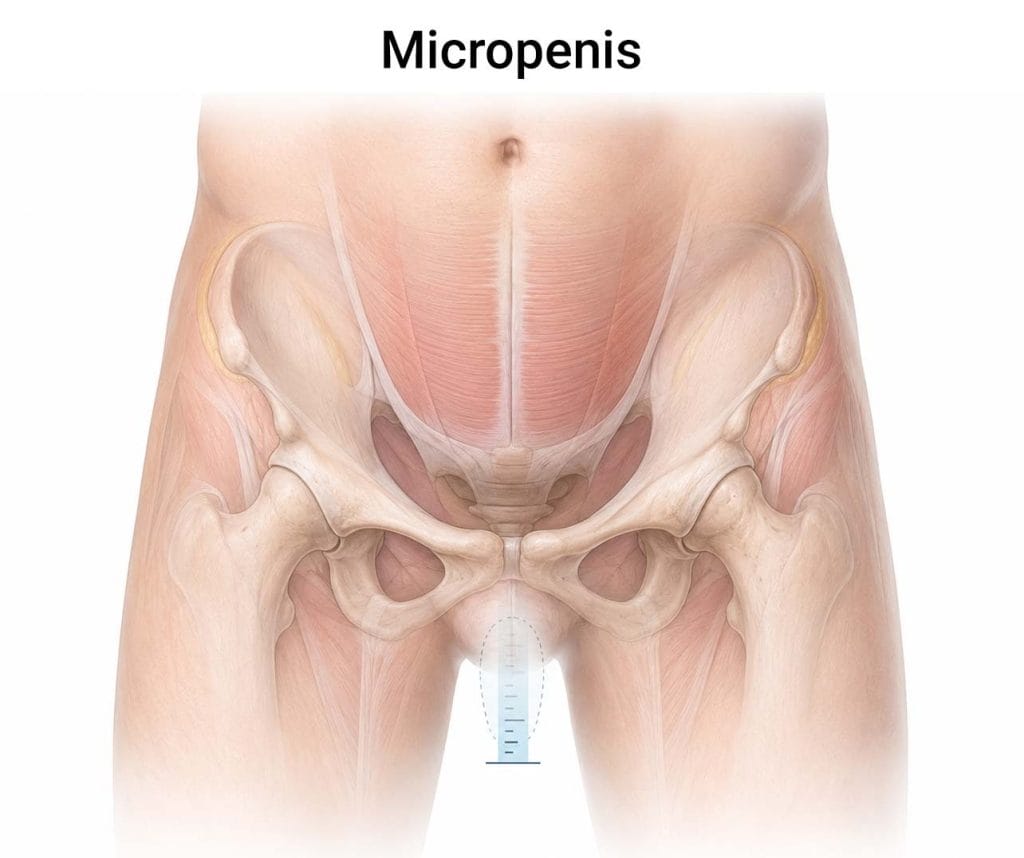 Micropenis medical illustration showing male pelvic anatomy