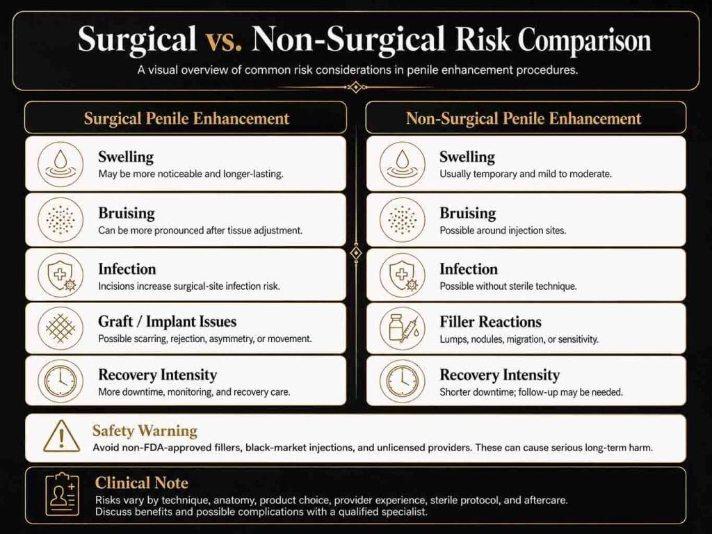 Infographic comparing surgical and non-surgical penile enhancement risks, including swelling, bruising, infection, recovery, and filler reactions.