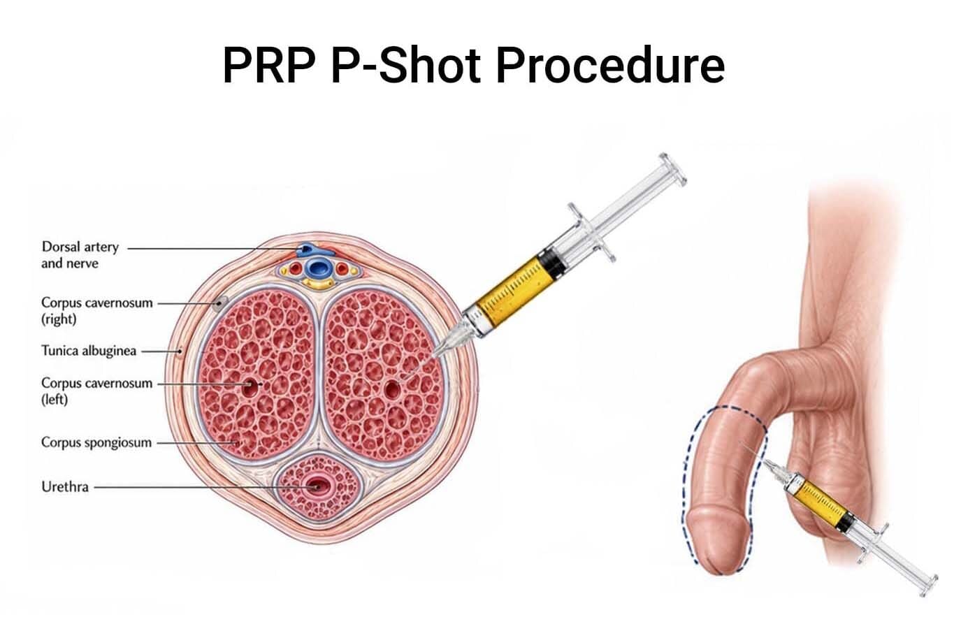 Medical illustration showing PRP P-Shot procedure anatomy with platelet-rich plasma and penile tissue structure.