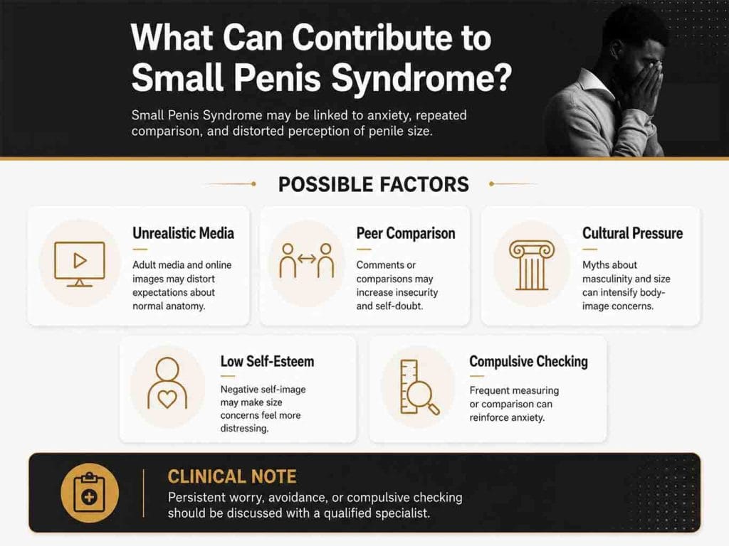 Contributing factors to small penis syndrome including anxiety comparison low self-esteem and distorted body image