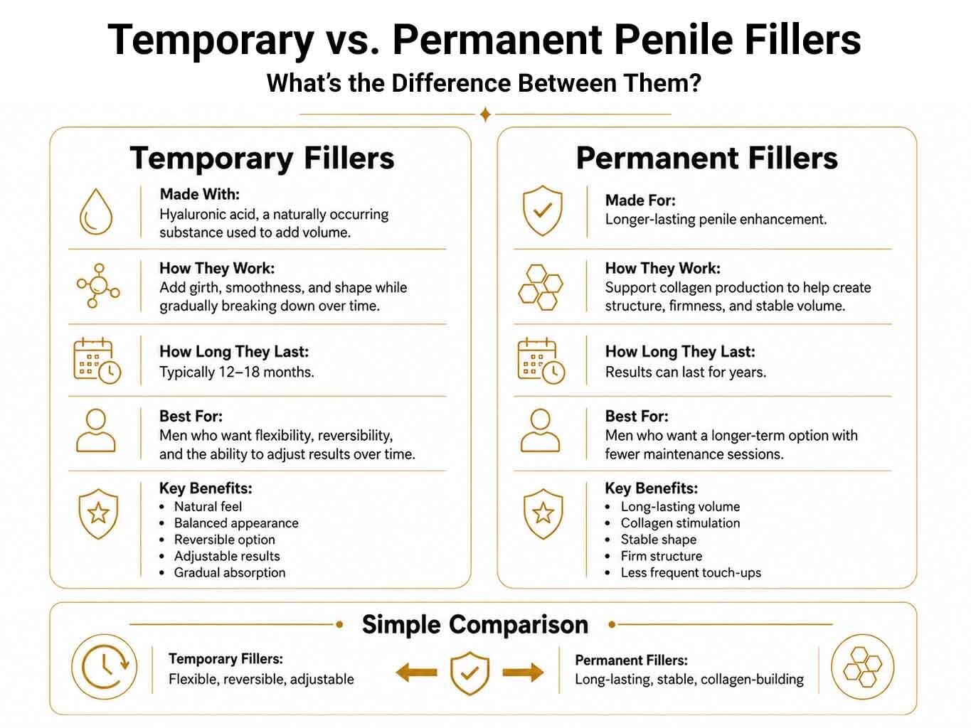 Temporary vs permanent penile fillers infographic for NYC patients comparing duration, reversibility, collagen support, and enhancement benefits.