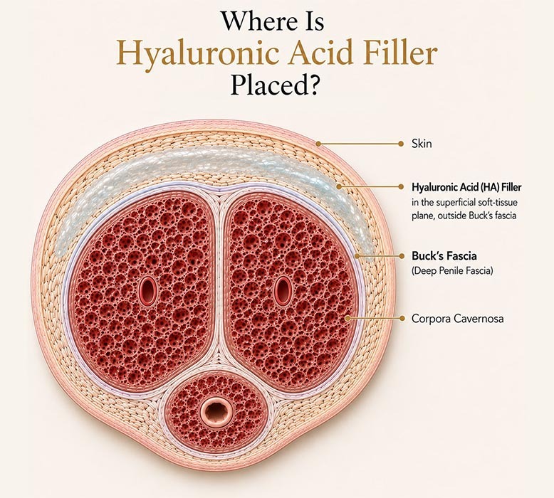 Cross-sectional medical illustration showing hyaluronic acid penile filler placed in the superficial soft-tissue plane outside Buck's fascia