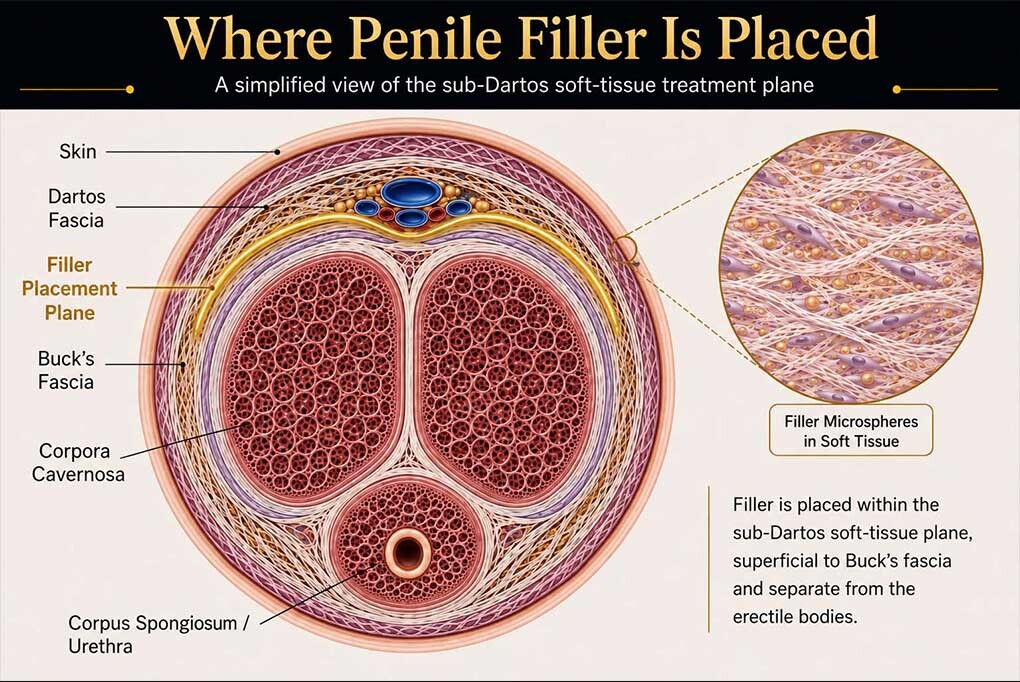 Cross-sectional anatomy showing penile filler placement in the sub-Dartos soft-tissue plane above Buck's fascia and separate from the erectile bodies.