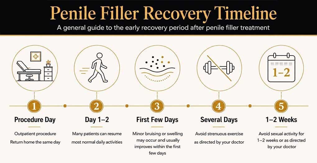 Penile filler recovery timeline showing procedure day, return to normal activities, swelling, exercise restrictions, and sexual activity guidance.