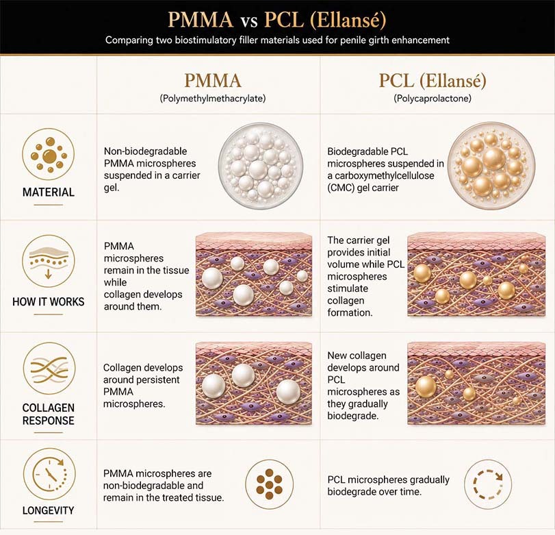 PMMA vs PCL Ellansé penile fillers comparing material, collagen response, how they work, and longevity