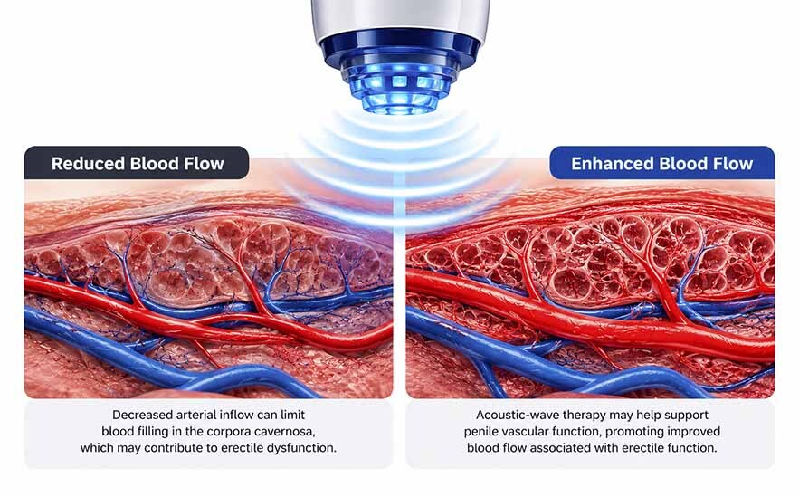 Medical illustration showing acoustic wave therapy and enhanced penile blood flow associated with erectile function