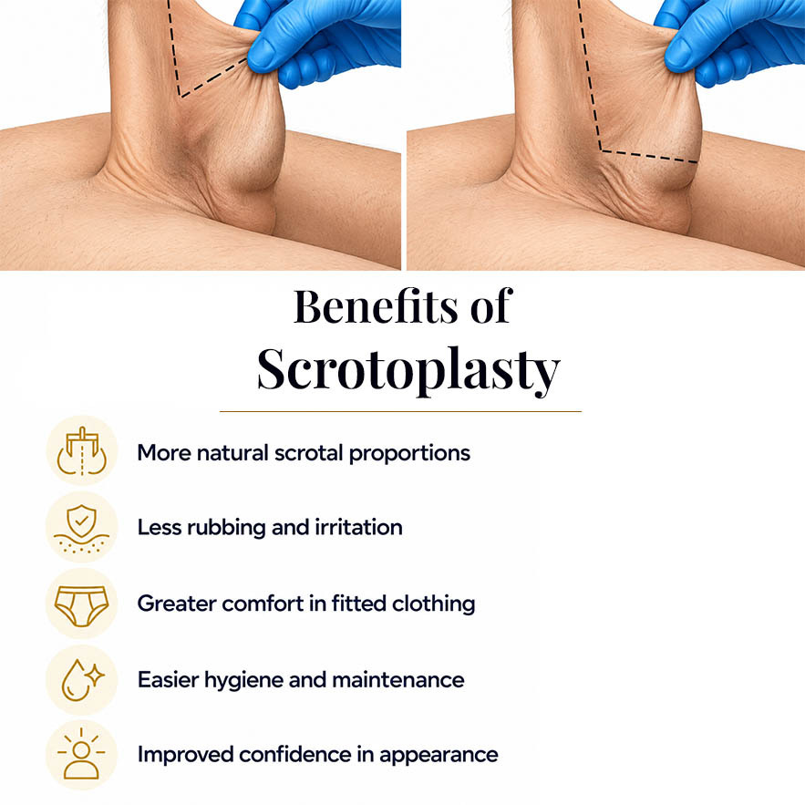Scrotoplasty benefits infographic showing improved scrotal proportions, reduced irritation, greater comfort, and easier hygiene