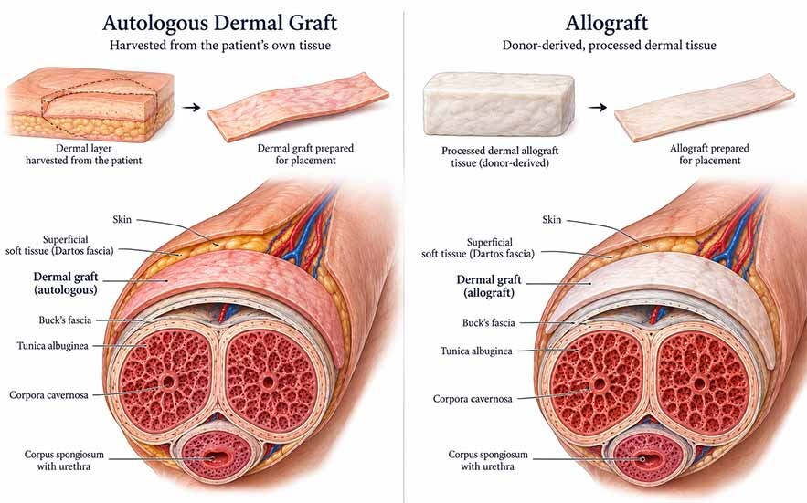 Medical illustration comparing autologous dermal graft and donor allograft placement for penile enhancement