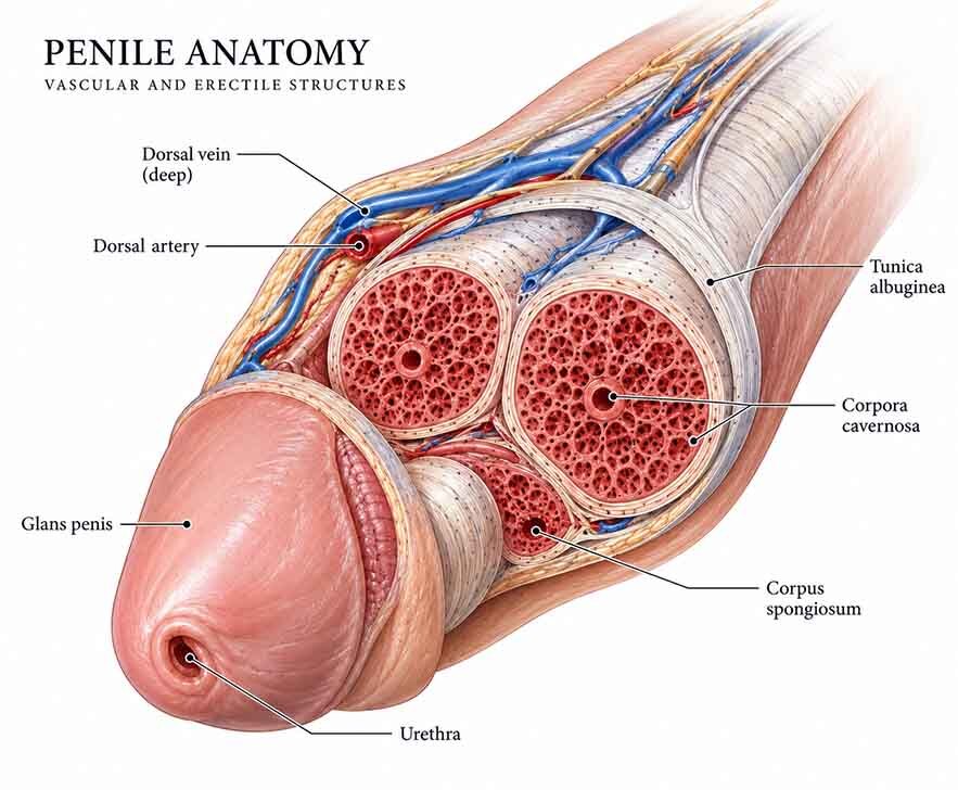 Medical illustration of glans penis anatomy relevant to glans enlargement surgery