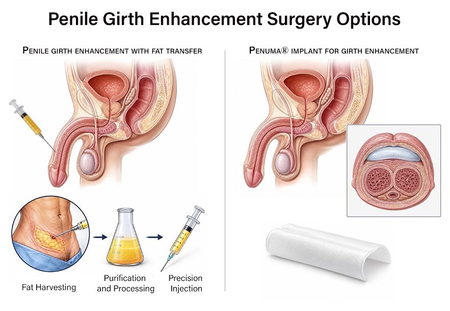 Medical illustration comparing penile girth enhancement with fat transfer and Penuma implant surgery