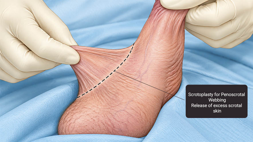 Medical illustration showing scrotoplasty for penoscrotal webbing with planned removal of excess scrotal skin
