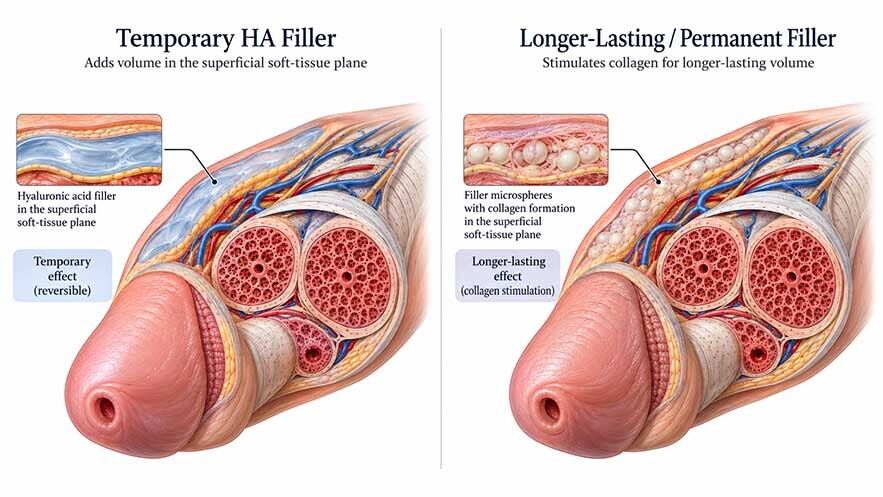 Medical illustration comparing temporary hyaluronic acid penile filler with longer-lasting filler and collagen stimulation